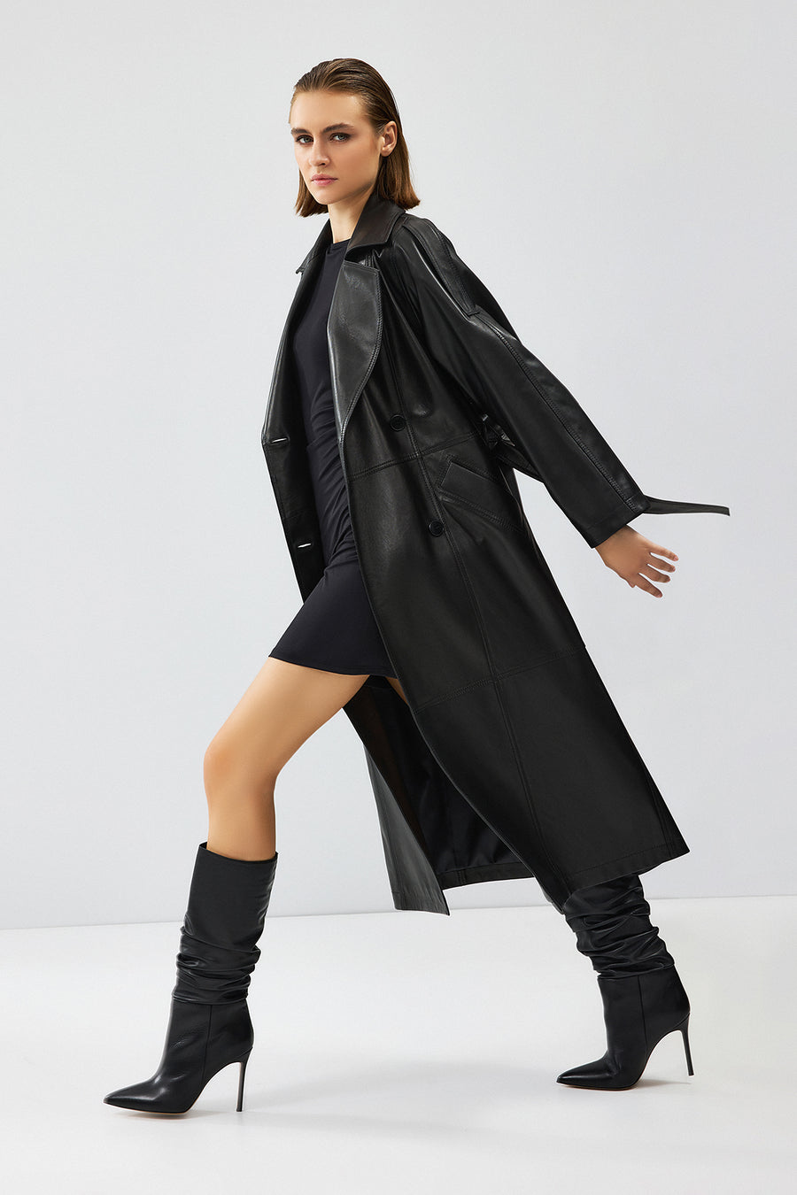 Nicole Women's Black Double Breasted Long Leather Trench Coat