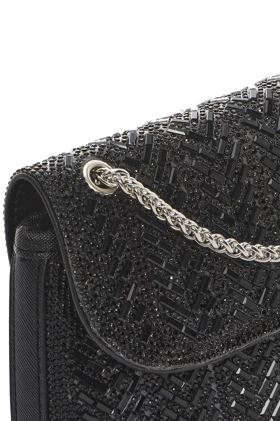 Woman Black Long Strap Stoned Mini Clutch Evening Bag