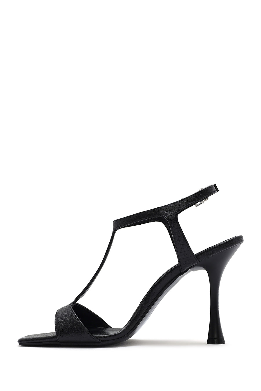 Women's Black Ankle Strap Patterned Leather Thin High Heel Sandals