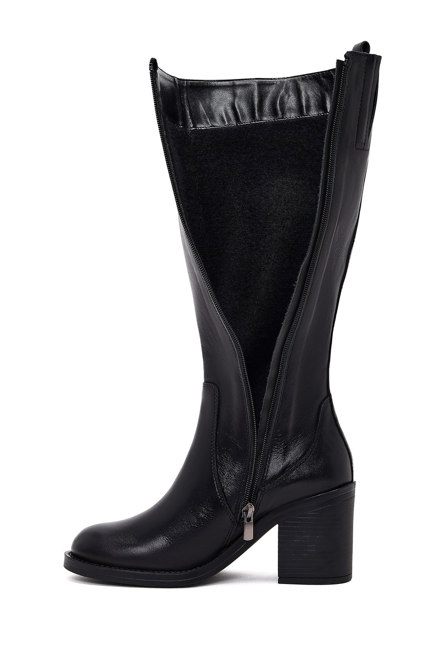 Woman Black Zip Closure Chunky Heeled Leather Boots