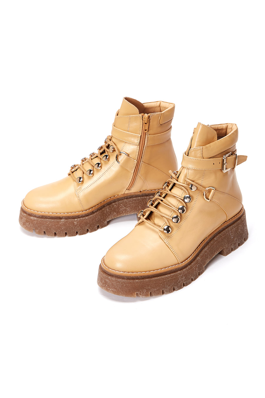 Women's Beige Leather Buckle Thick Soled Boots