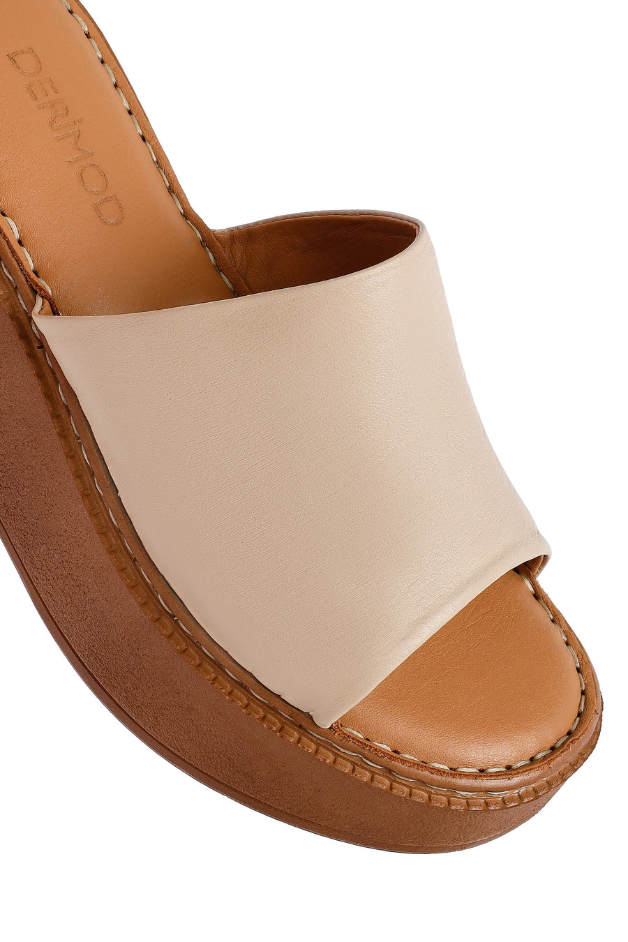 Women's Beige Platform Heel Leather Comfort Slippers