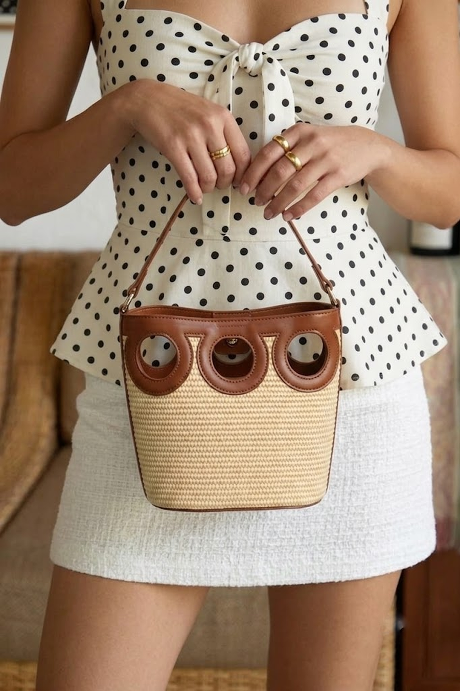 Woman Beige Long-Strap Wicker Shoulder Bag