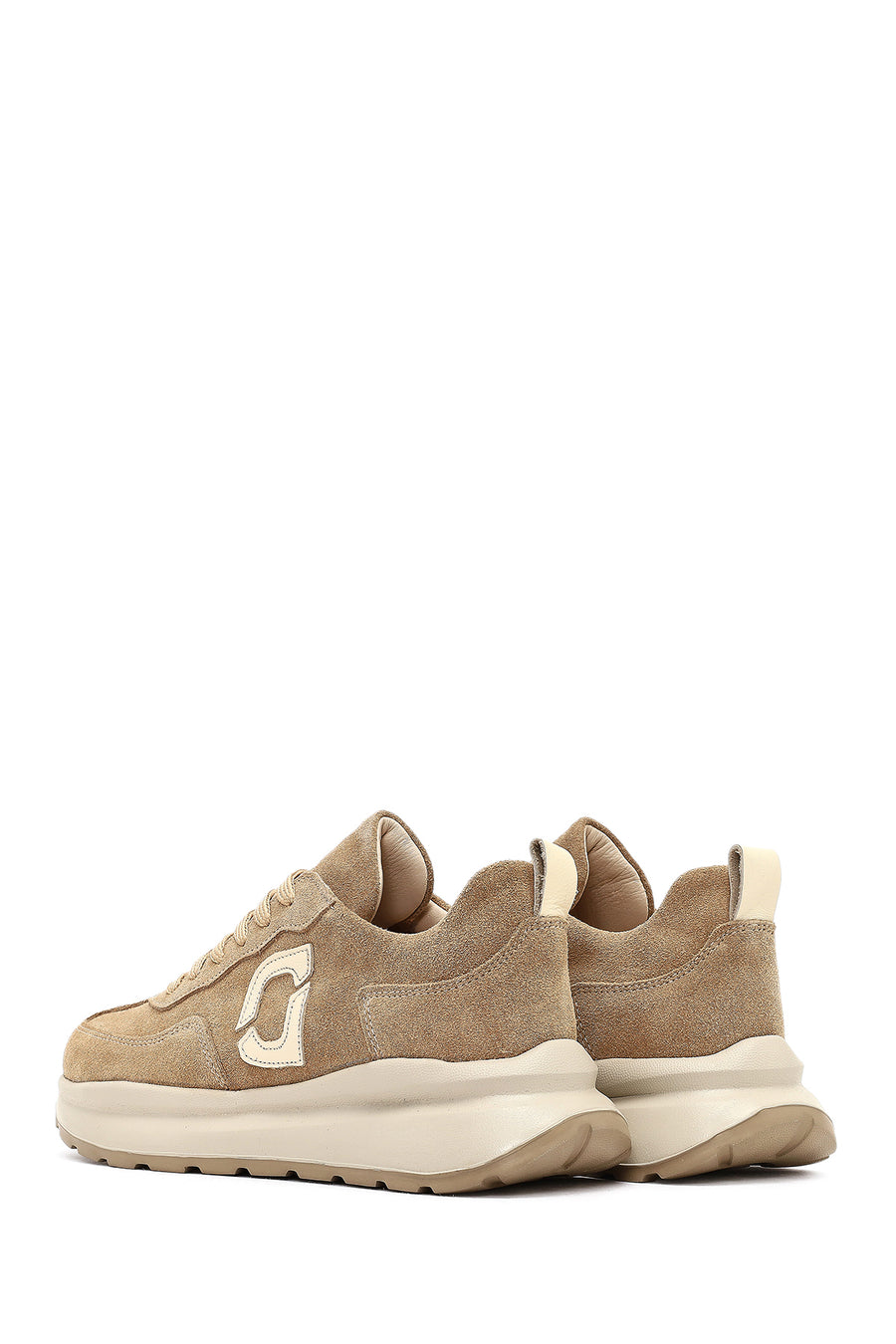 Kadın Bej Bağcıklı Kalın Tabanlı Süet Deri Sneaker
