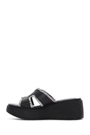 Women's Black Leather Wedge Heel Comfort Slippers | Derimod