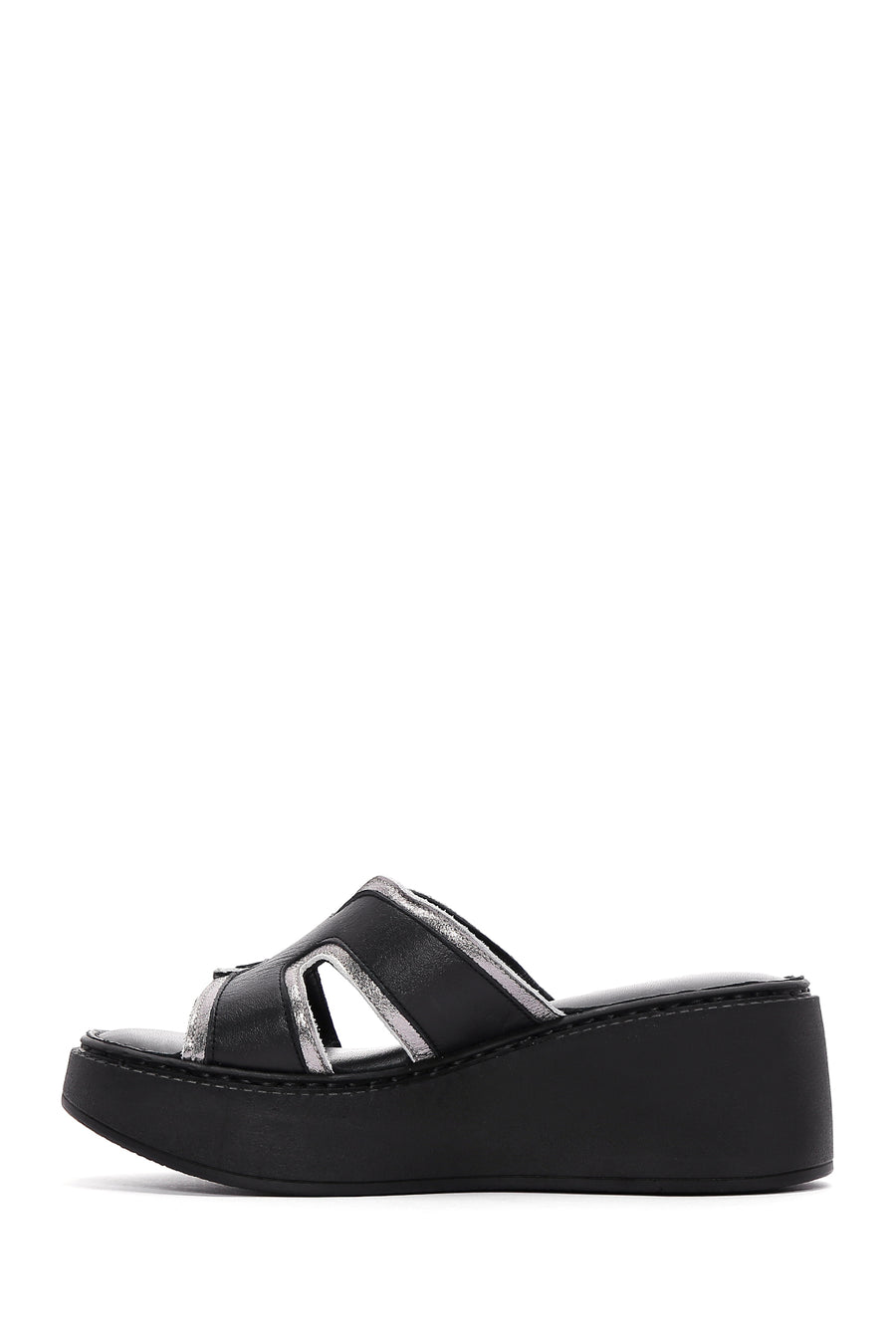 Women's Black Leather Wedge Heel Comfort Slippers