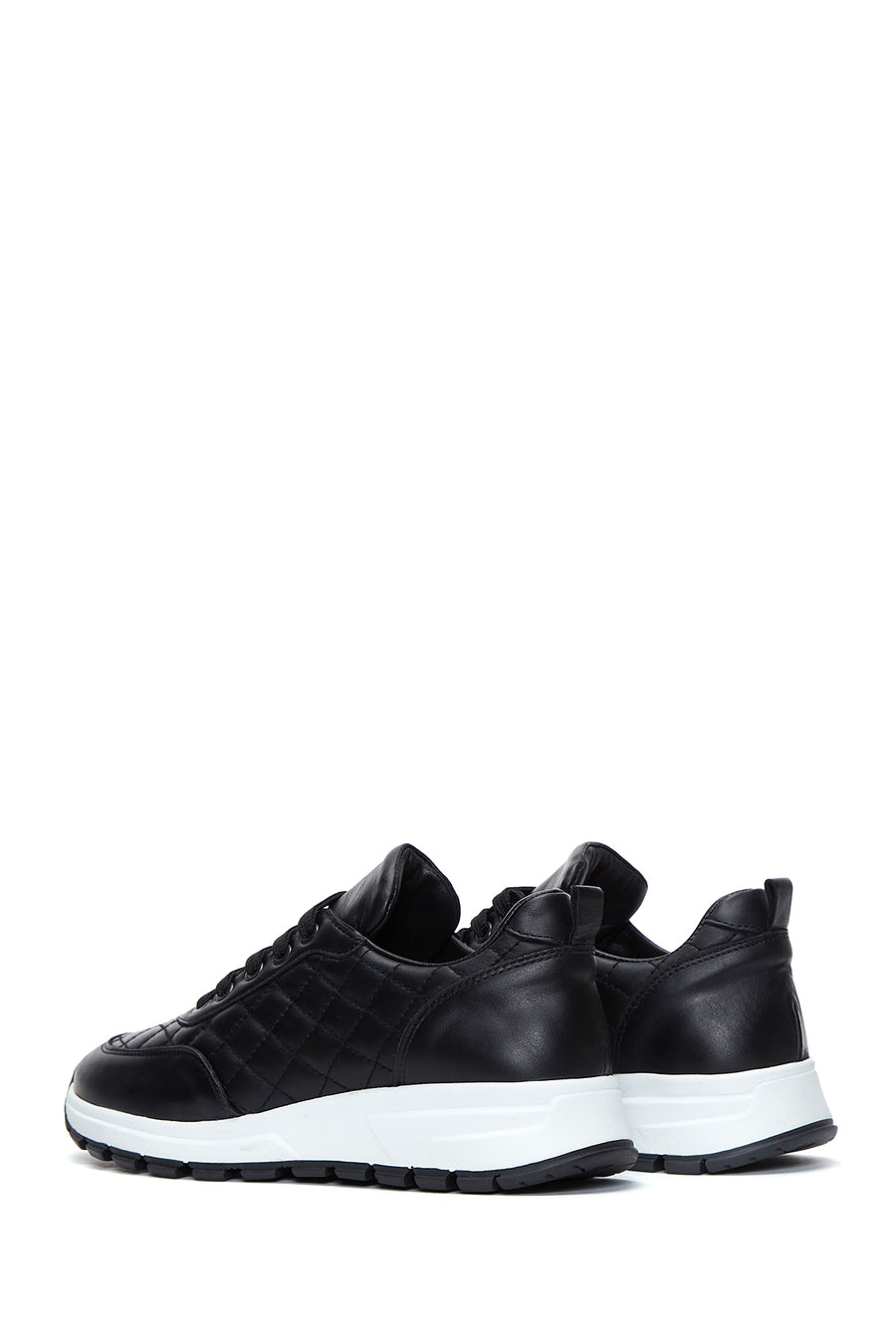 Women's Black Lace-Up Quilted Patterned Leather Sneakers