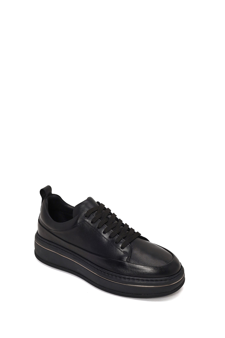 Erkek Siyah Bağcıklı Kalın Tabanlı Deri Sneaker