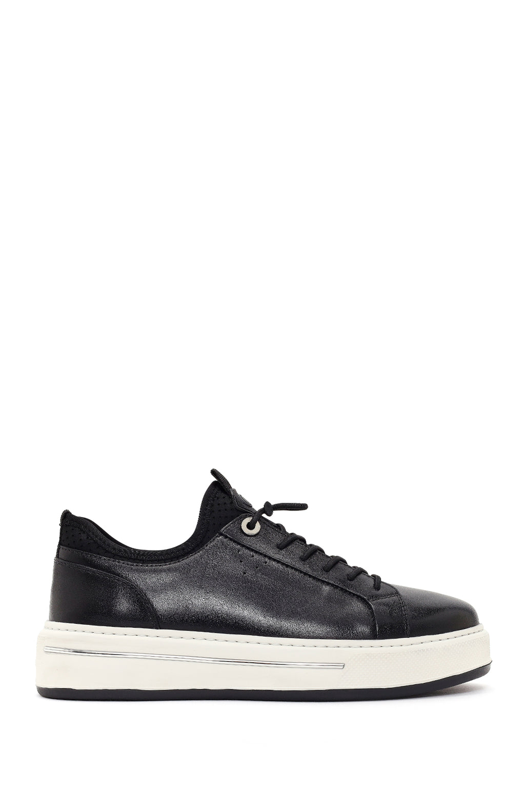 Erkek Siyah Bağcıklı Kalın Tabanlı Deri Sneaker