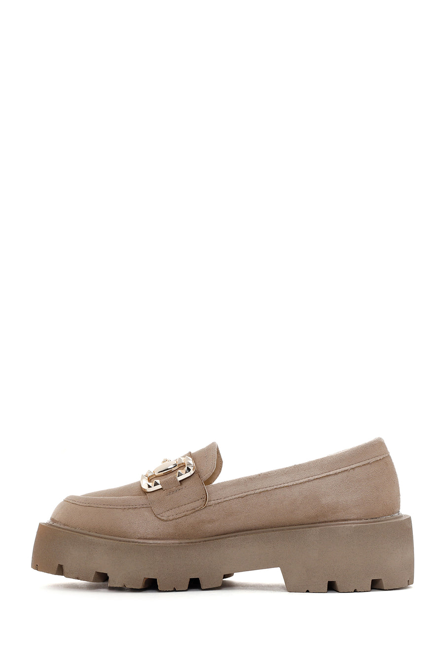 Women's Beige Suede Buckle Masculine Loafer