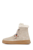 Woman Beige Lace-Up Thick-Soled Suede Leather Teddy Bot | Derimod