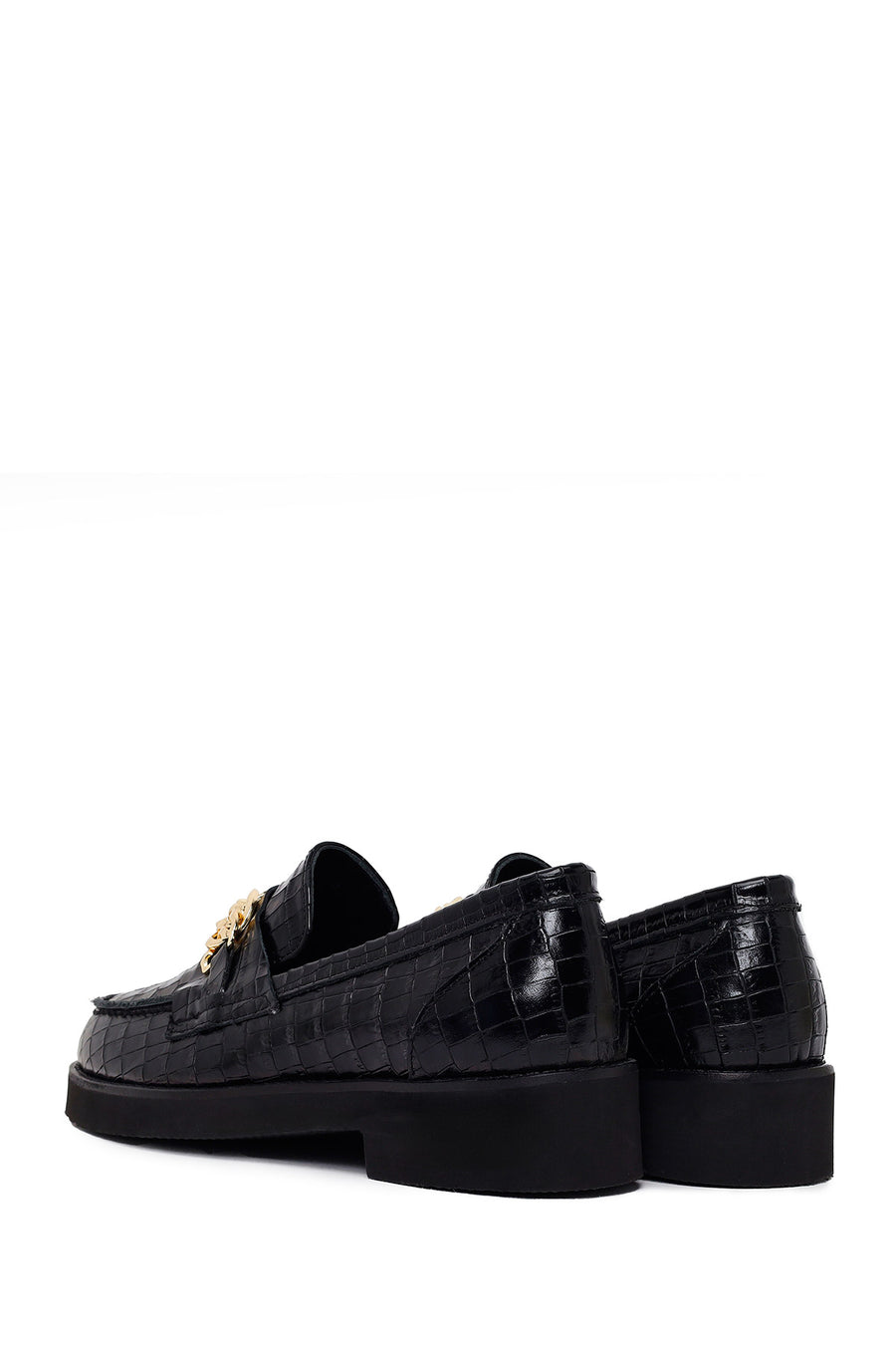 Women's Black Crocodile Patterned Chain Detailed Leather Masculine Loafer