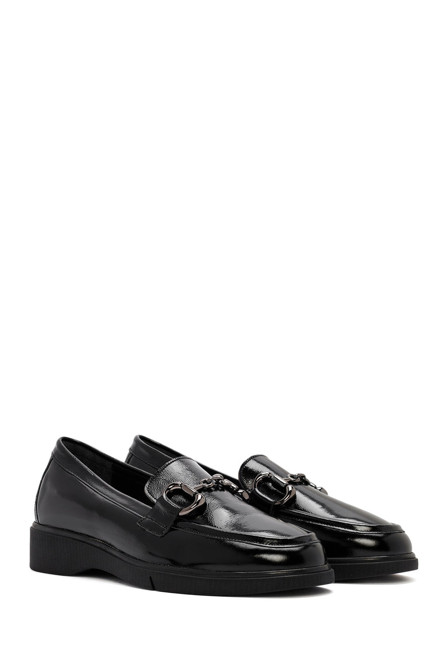 Woman Black Buckled Patent Leather Leather Comfort Loafer