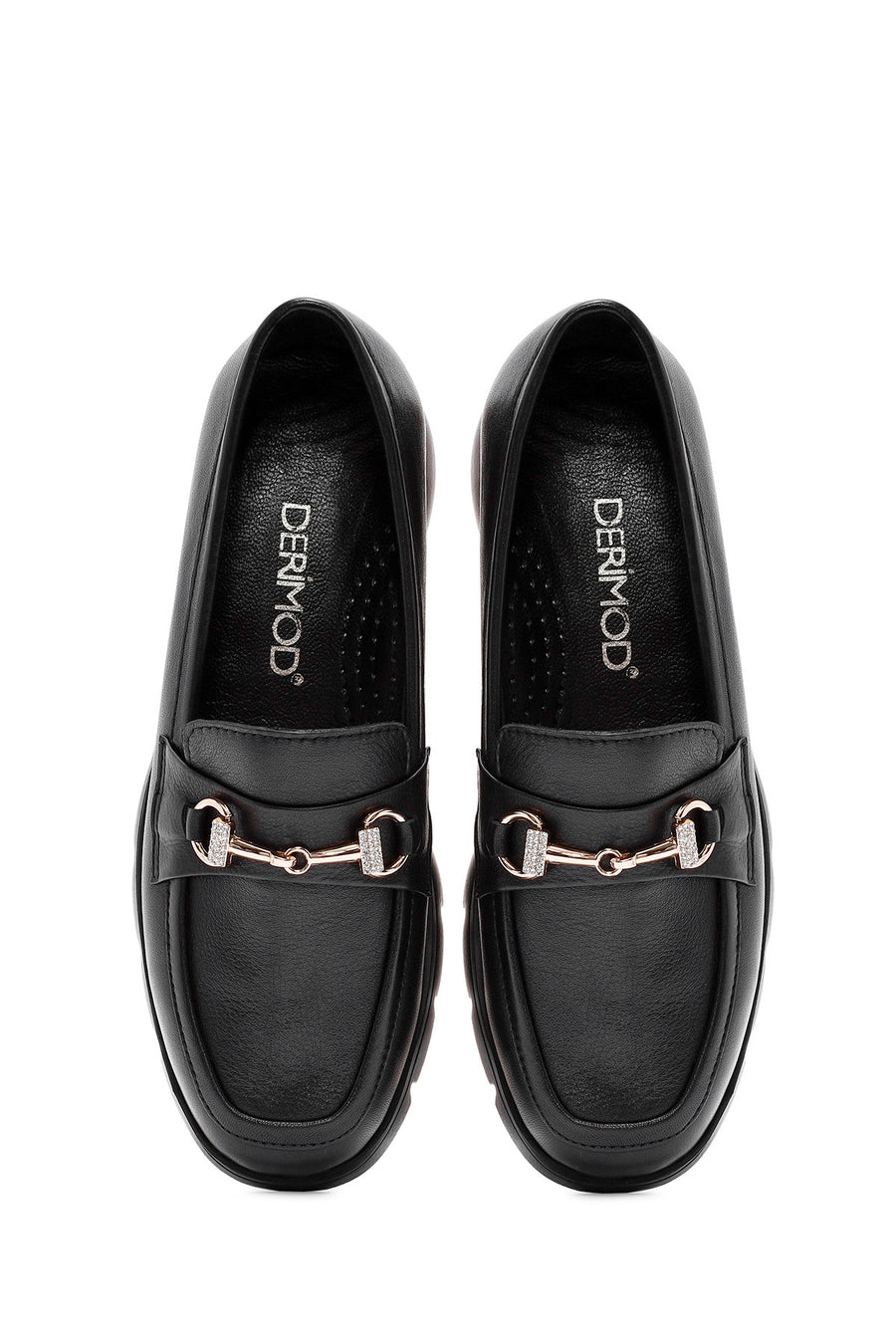 Woman Black Buckle Detail Leather Comfort Loafer