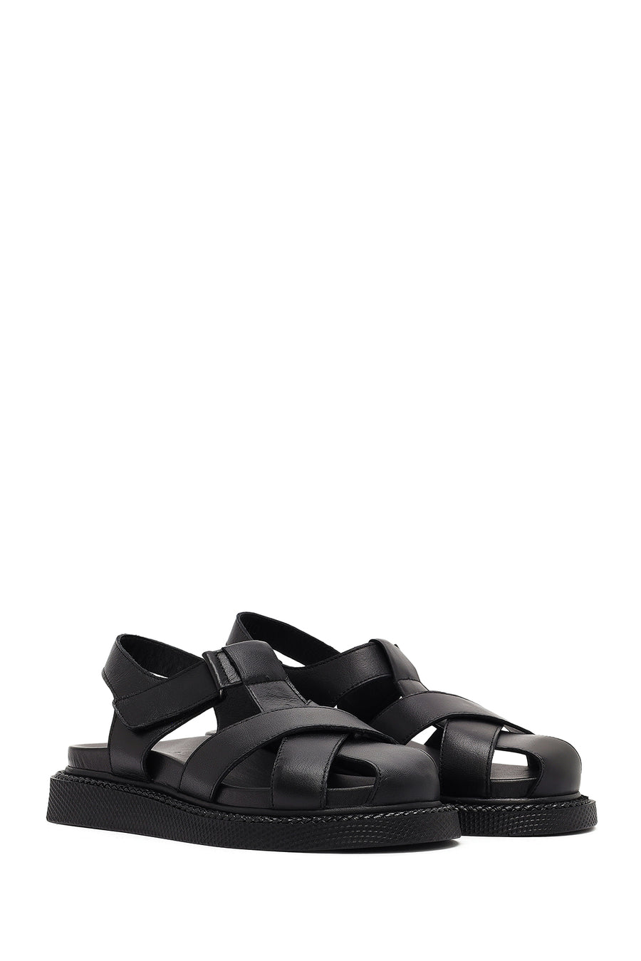 Women's Black Strappy Thick-Sole Leather Sandals