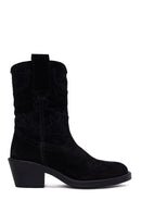Woman Black Short Chunky-Heel Suede Cowboy Boots | Derimod