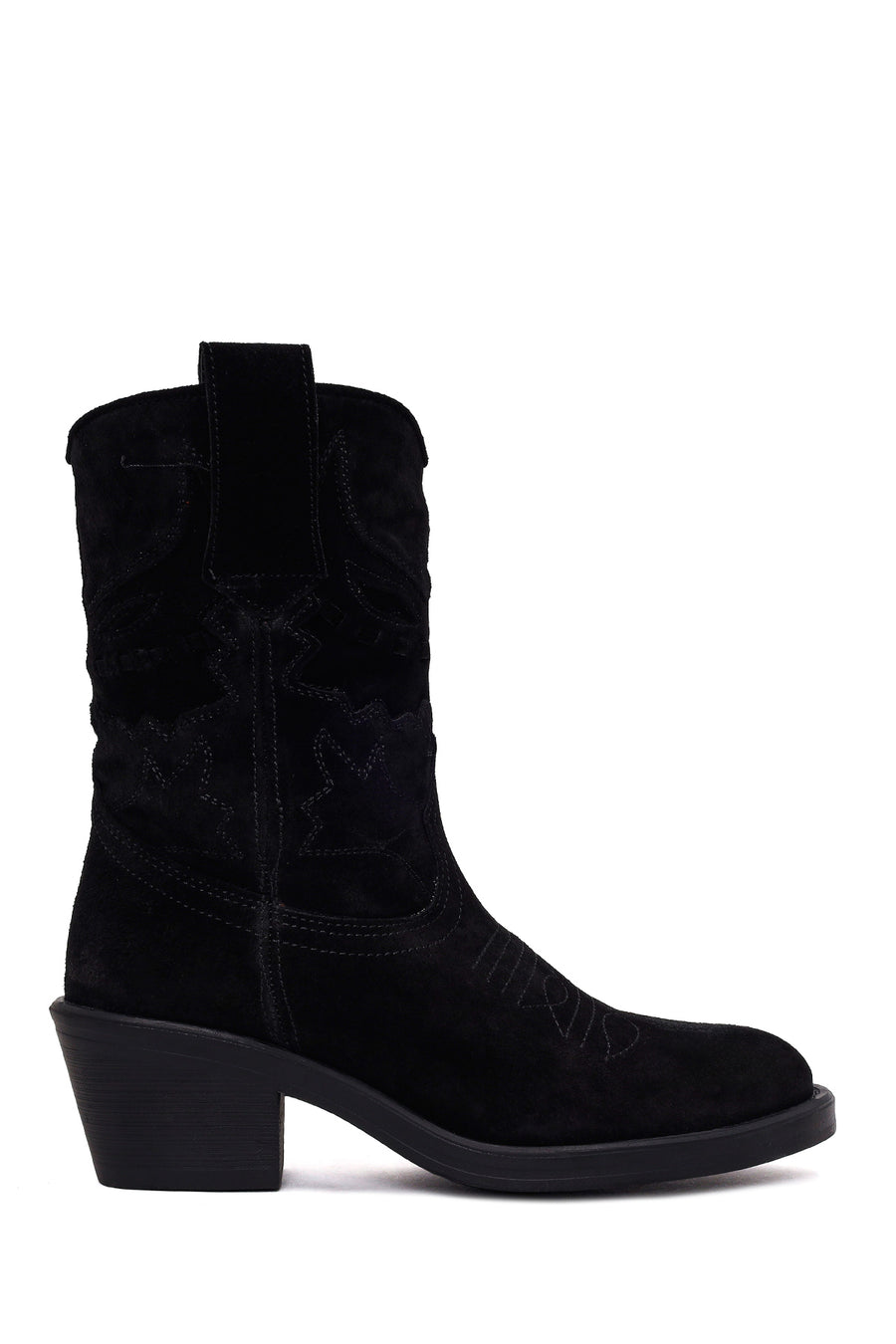 Woman Black Short Chunky-Heel Suede Cowboy Boots AF190001DS | Derimod