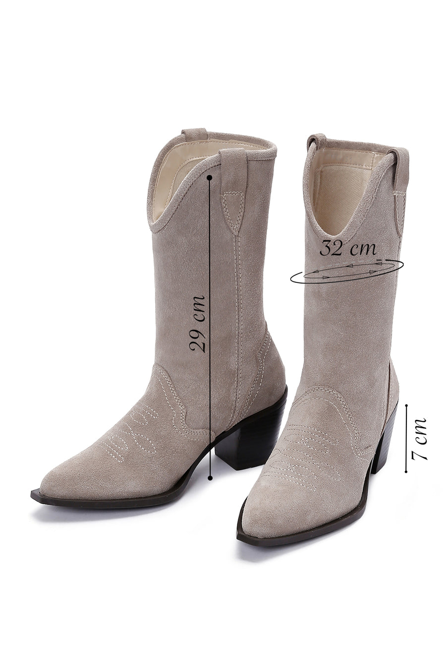 Women's Beige Thick Heeled Suede Leather Cowboy Boots