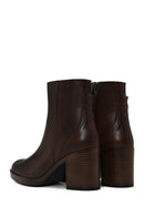 Woman Brown Zip Closure Chunky-Heeled Leather Boots | Derimod