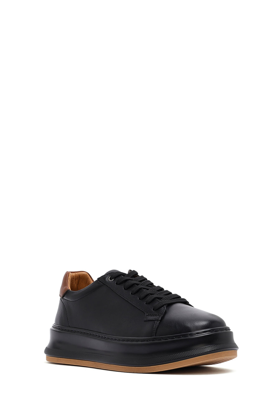 Erkek Siyah Bağcıklı Kalın Tabanlı Deri Sneaker