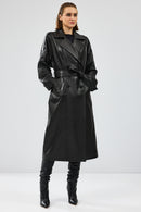 Nicole Women's Black Double Breasted Long Leather Trench Coat | Derimod