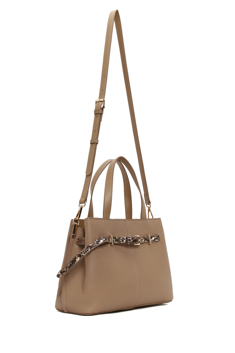 Woman Dark Beige Long-Strap Patterned Shoulder Bag