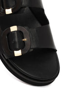 Women's Black Double Buckled Leather Slippers | Derimod