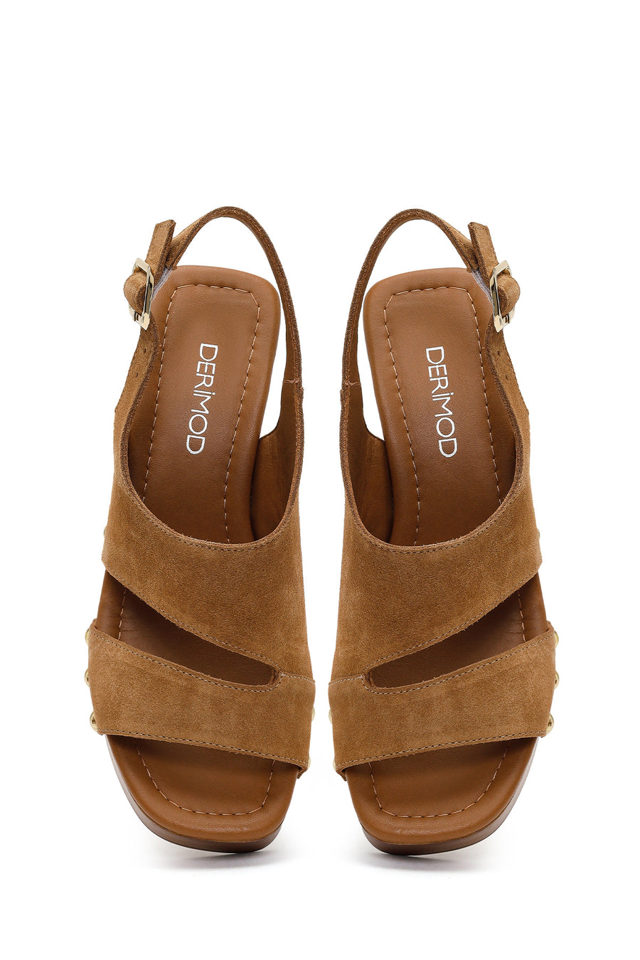 Women's Tan Suede Leather Sandals with Buckle Back and Platform Heel
