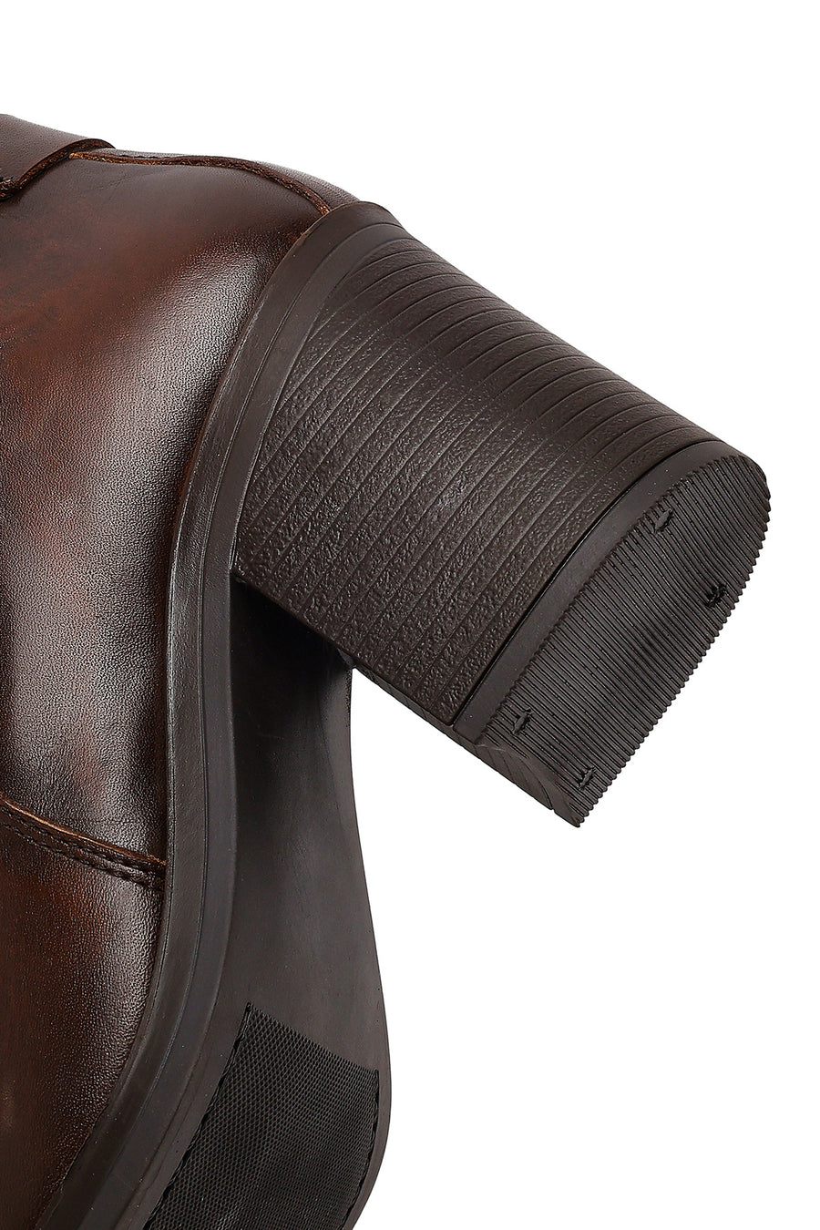 Women's Brown Buckle Chunky Heel Leather Boots