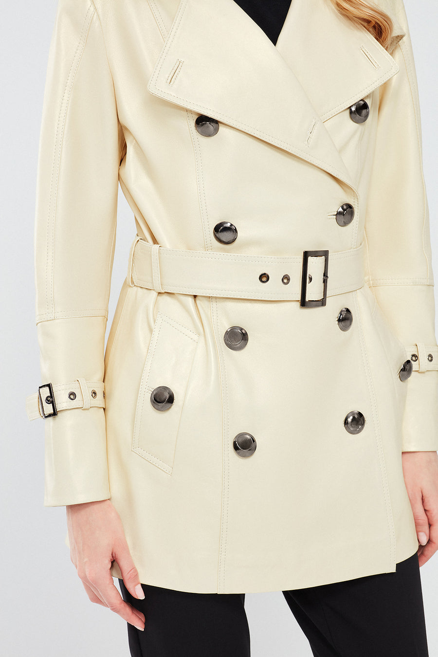 Barbara Women's Beige Double Breasted Collar Regular Leather Trench Coat