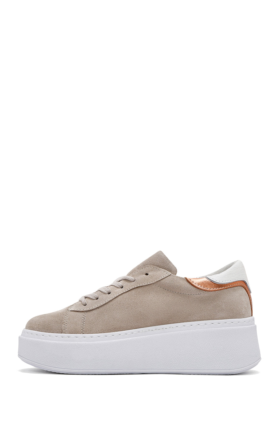 Women's Beige Lace-Up Chunky Sole Suede Leather Sneakers