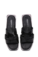 Women's Black Knitted Detailed Leather Slippers | Derimod