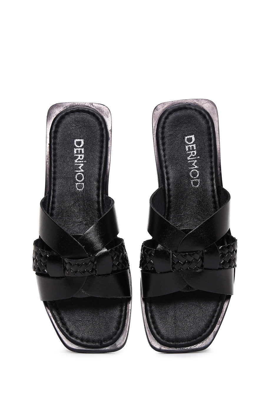 Women's Black Knitted Detailed Leather Slippers