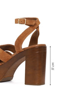 Women's Tan Ankle Buckle Thick High Heel Suede Leather Sandals | Derimod