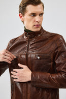 Wade Men's Brown Slim-Fit Leather Jacket | Derimod