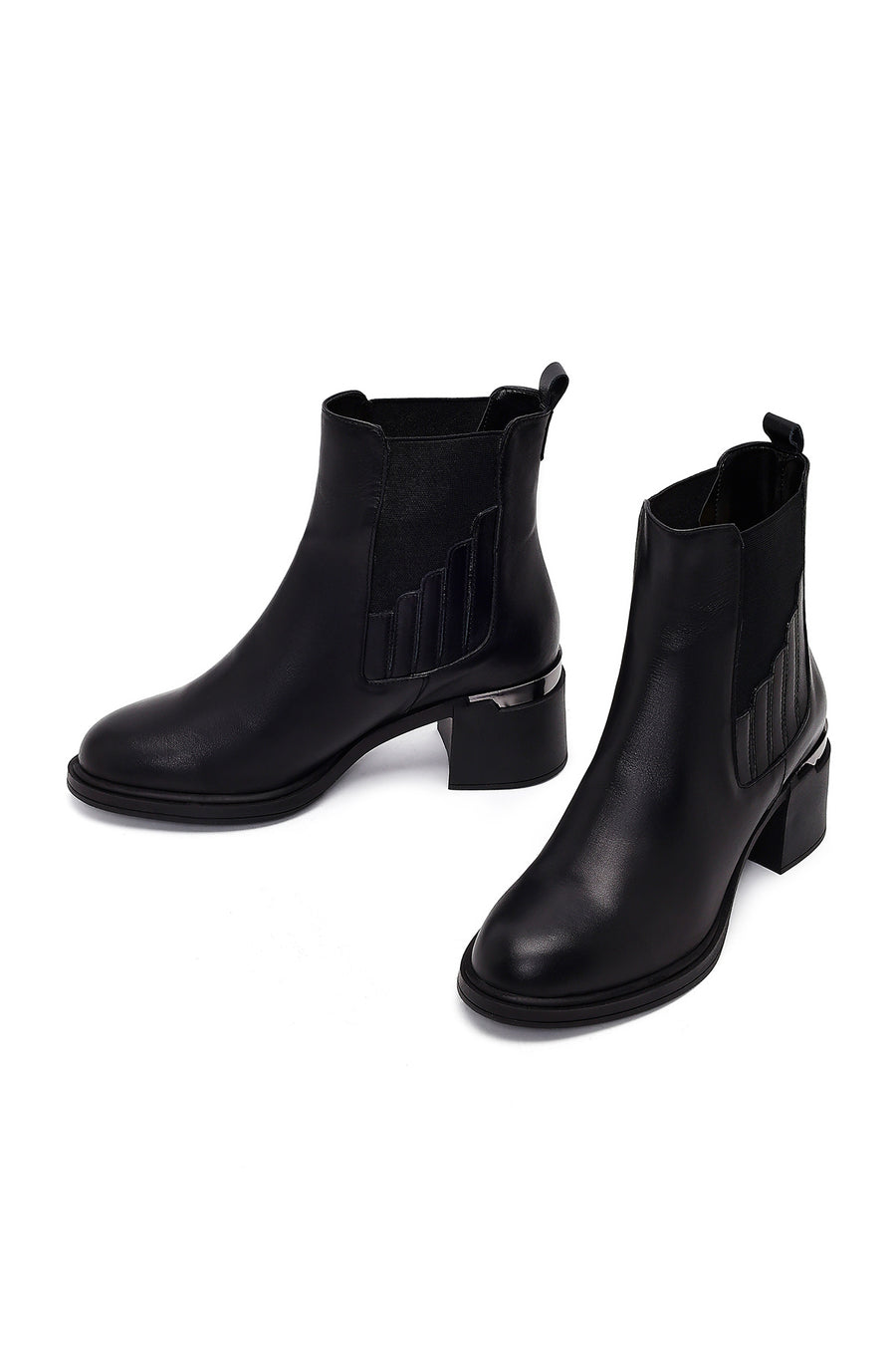 Women's Black Thick Heeled Leather Chelsea Boots