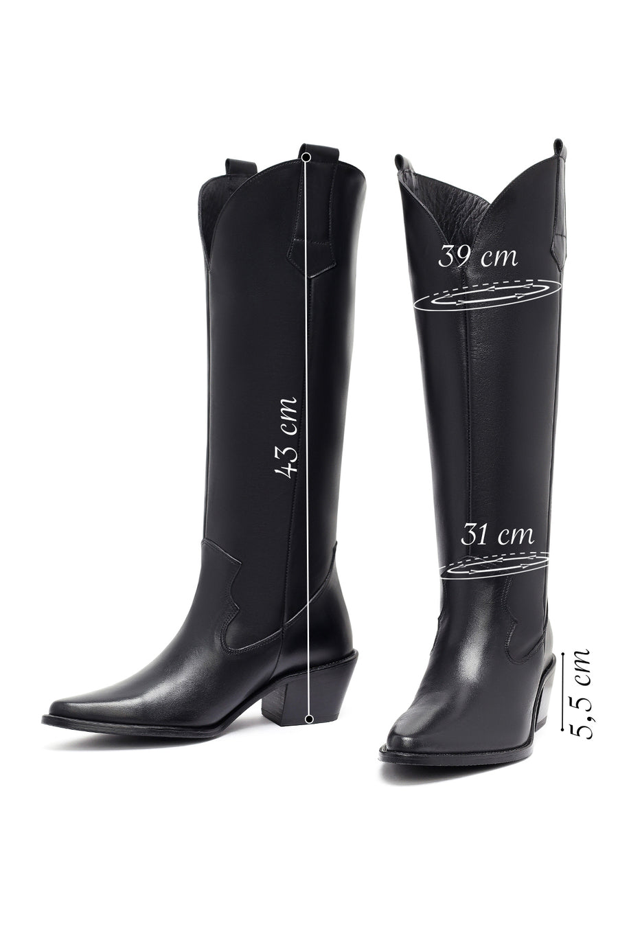 Woman Black Thick-Heeled Leather Cowboy Boots