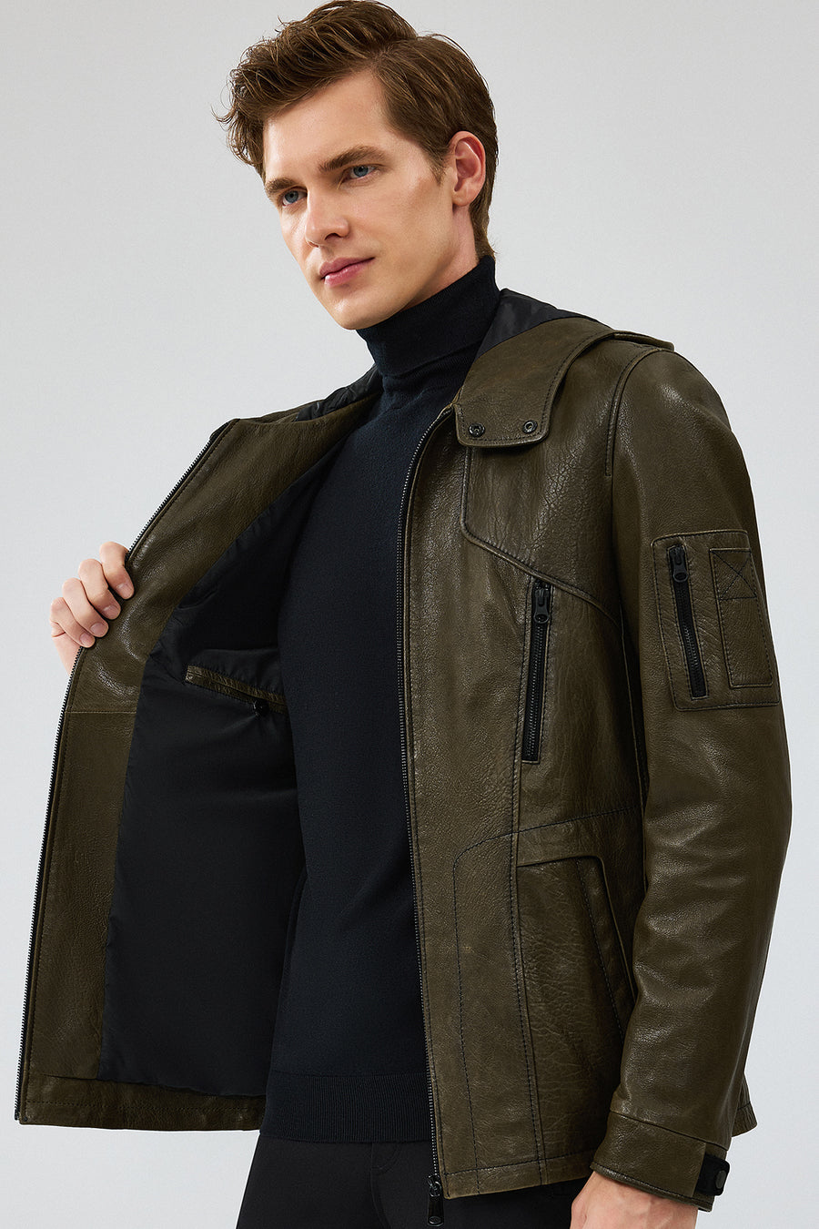 John Men's Green Hooded Leather Jacket