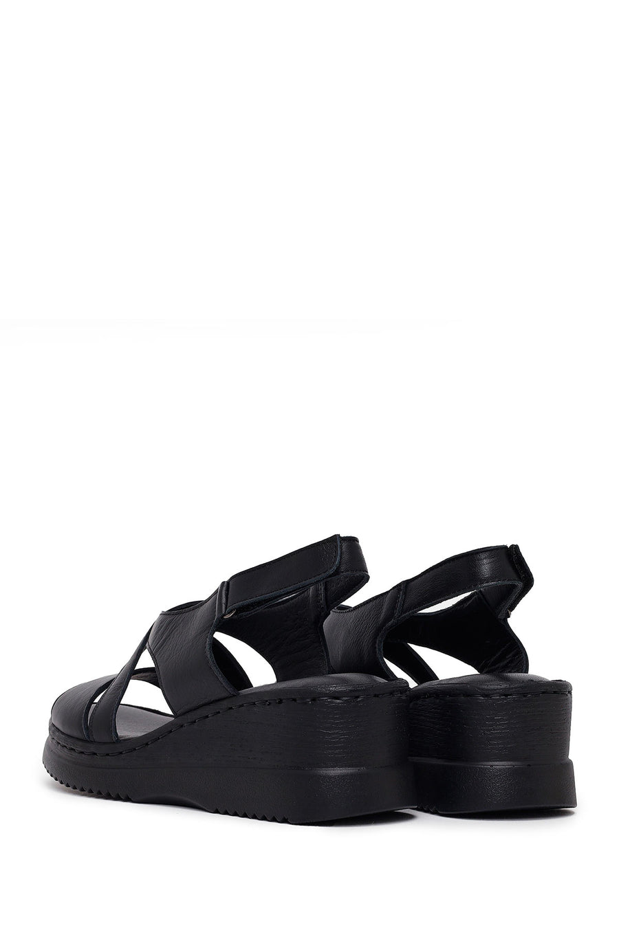 Woman Black Wedge Heel Leather Comfort Sandal