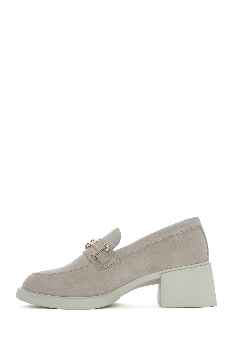 Women's Beige Buckled Thick Heel Suede Leather Masculine Loafer