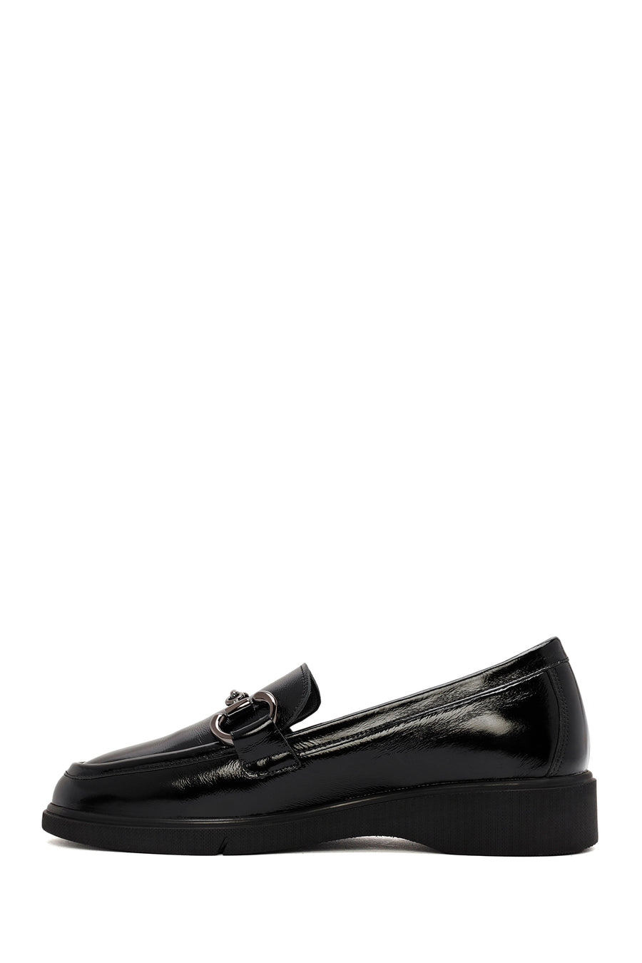 Woman Black Buckled Patent Leather Leather Comfort Loafer