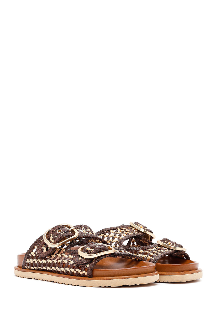 Women's Brown Double Buckled Straw Leather Slippers