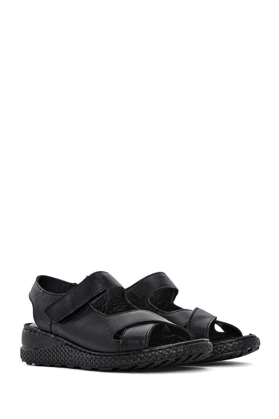 Women's Black Strappy Leather Comfort Sandals