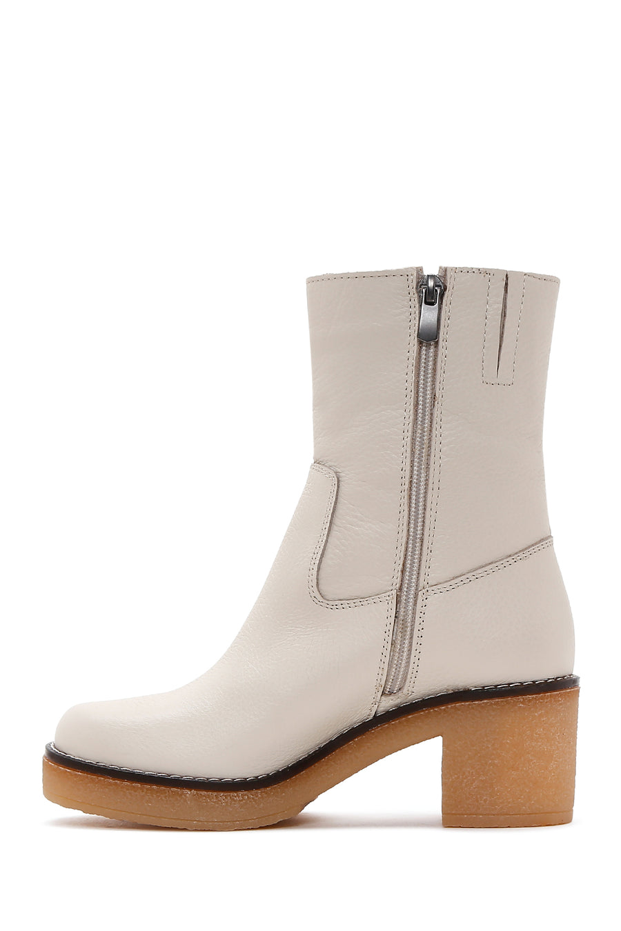 Women's Beige Leather Zippered Heeled Boots