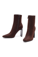 Woman Brown Zip Closure High Thick-Heeled Fabric Boots | Derimod