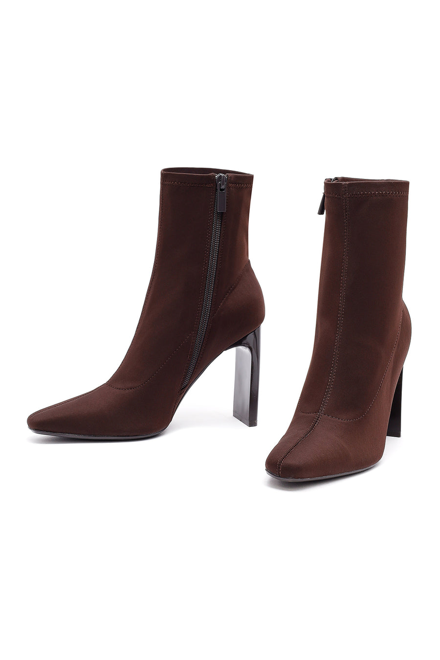 Woman Brown Zip Closure High Thick-Heeled Fabric Boots
