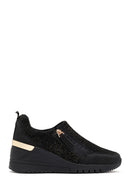 Derimod Zero Women's Black Zippered Wedge Heel Fabric Sneakers | Derimod