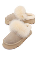 Woman Beige Thick-Soled Plush Suede Teddy Slipper | Derimod