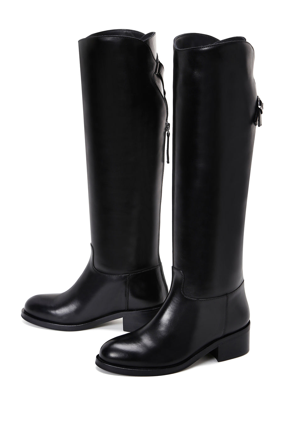 Woman Black Zippered Buckle Detail Leather Boot