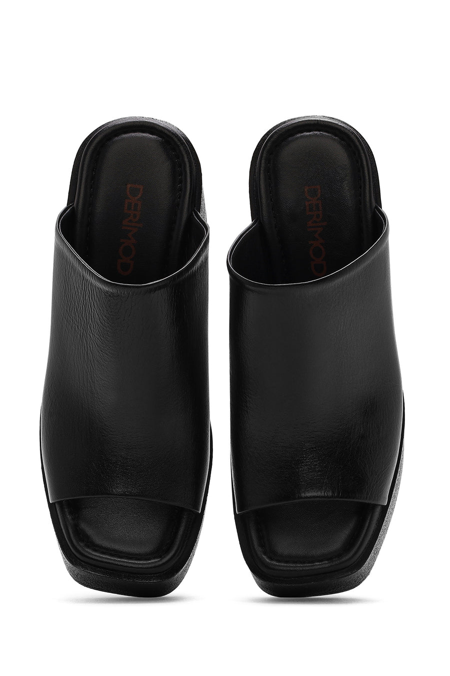 Women's Black Platform Thick High Heel Leather Slippers